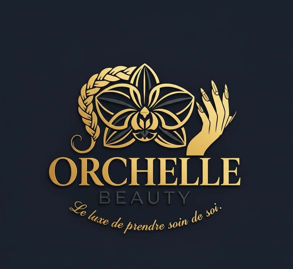 Logo Orchelle Beauty : orchidée dorée, tresse et main manucurée